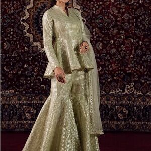 NWT Embroidered Light Olive Green Peplum Sharara Set